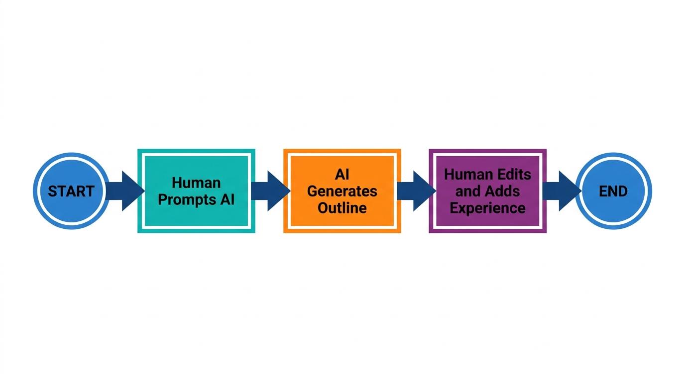 3-step flowchart showing Human Prompts AI → AI Generates Outline → Human Edits and Adds Experience