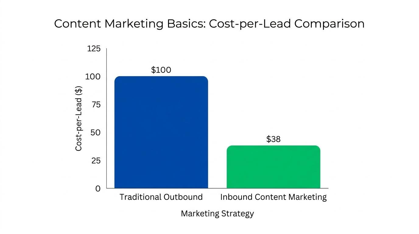 Bar chart comparing cost-per-lead: Traditional Outbound at $100 vs Inbound Content Marketing at $38