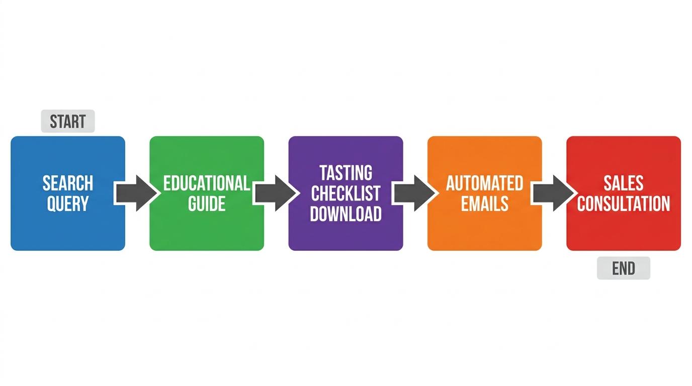 Flowchart showing the customer journey: Search Query → Educational Guide → Tasting Checklist Download → Automated Emails → Sales Consultation