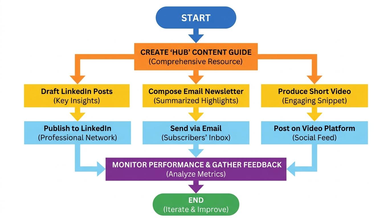 Hub and spoke graphic showing one central Guide breaking into LinkedIn Posts, an Email Newsletter, and a Short Video