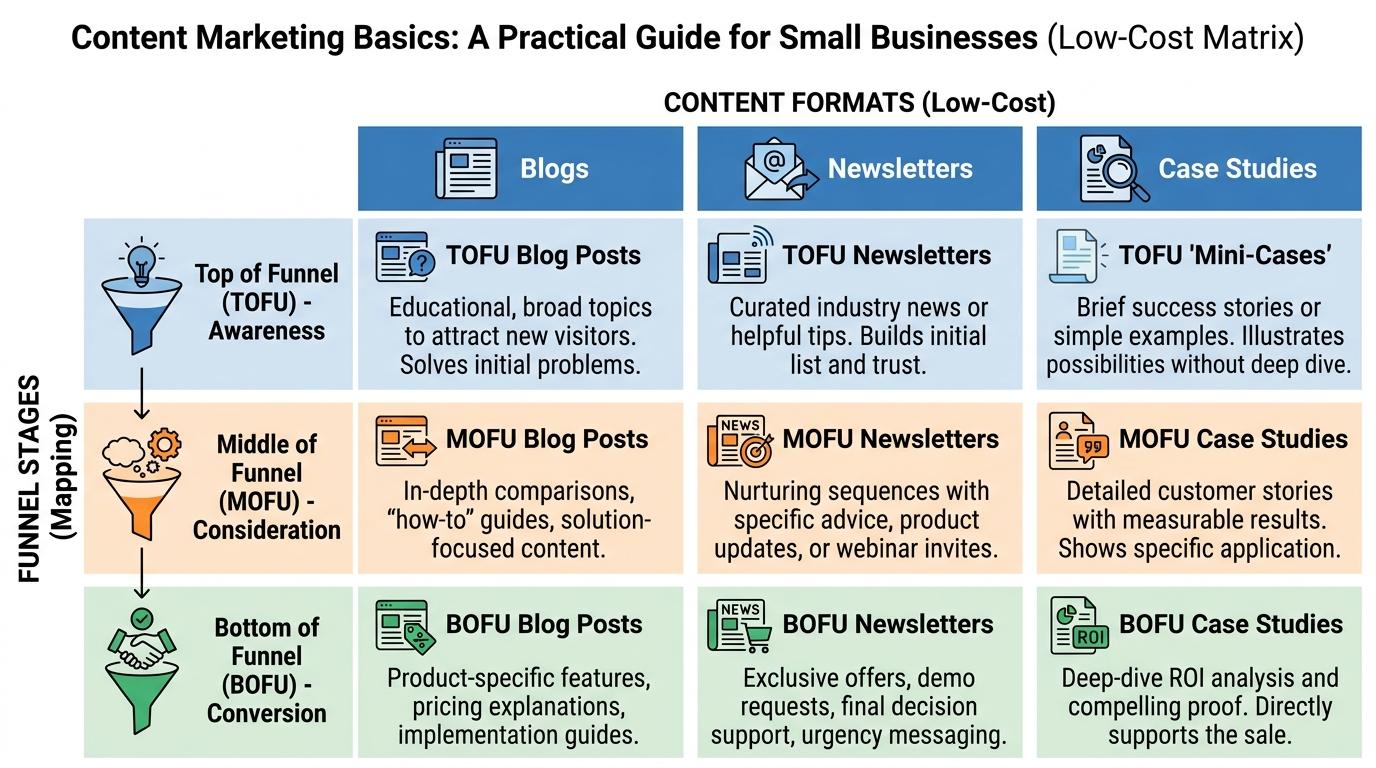 Matrix mapping 3 funnel stages (Top, Middle, Bottom) to specific low-cost content formats (Blogs, Newsletters, Case Studies)