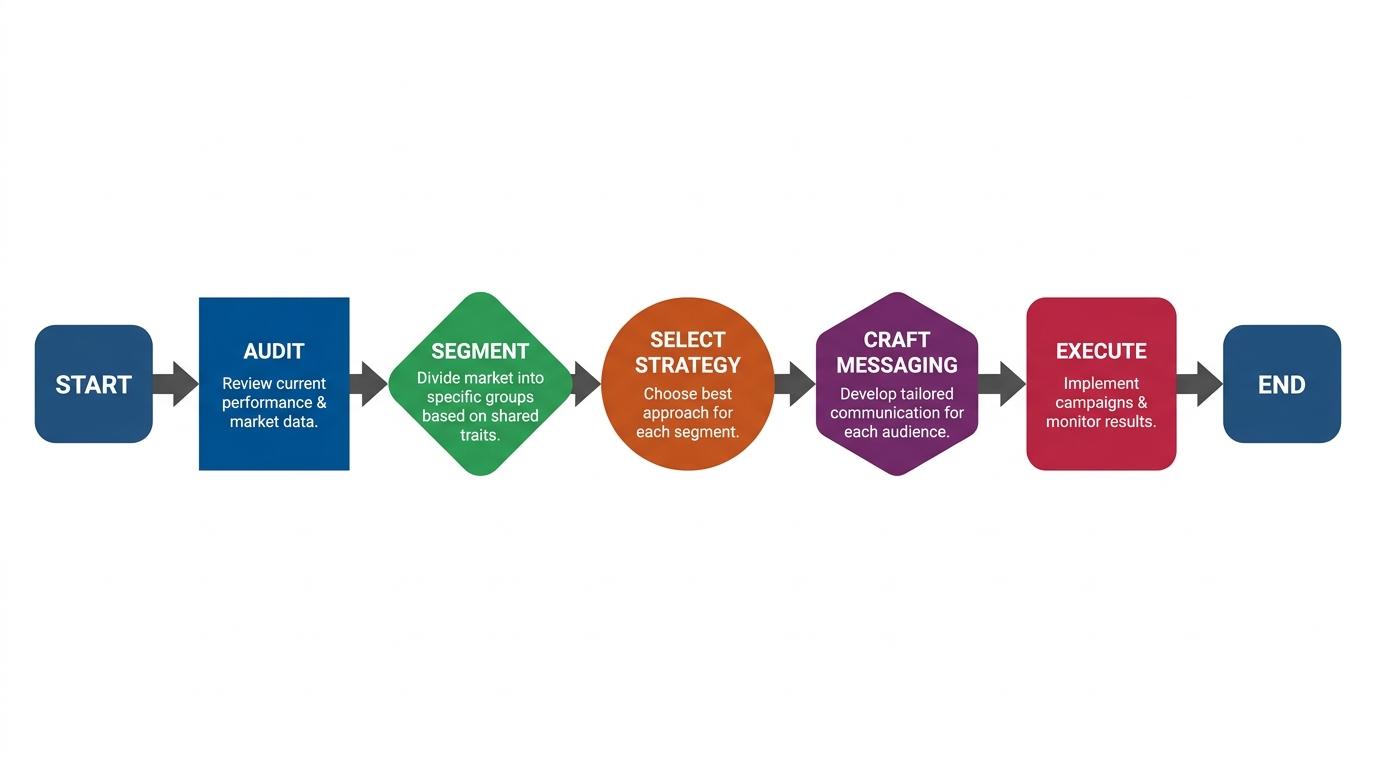 5-step flowchart showing Audit → Segment → Select Strategy → Craft Messaging → Execute with arrows connecting each phase