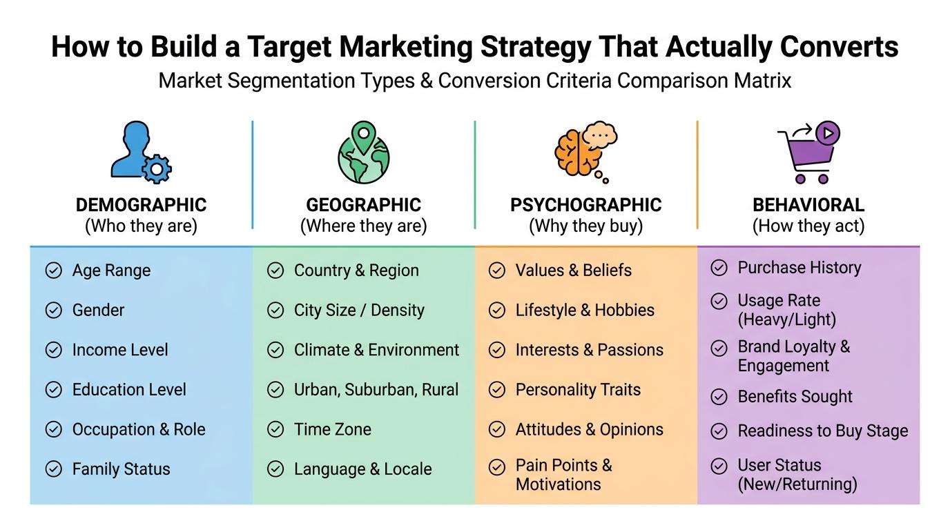 Comparison matrix of 4 market segmentation types: Demographic, Geographic, Psychographic, and Behavioral with specific criteria for each