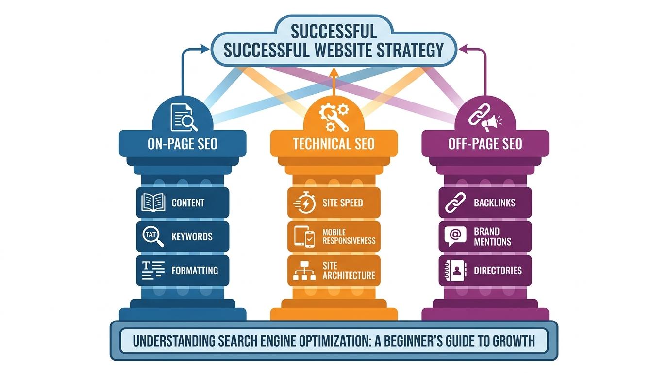 3-pillar architectural diagram showing On-Page (content, keywords, formatting), Off-Page (backlinks, brand mentions, directories), and Technical (site speed, mobile responsiveness, site architecture) supporting a successful website strategy