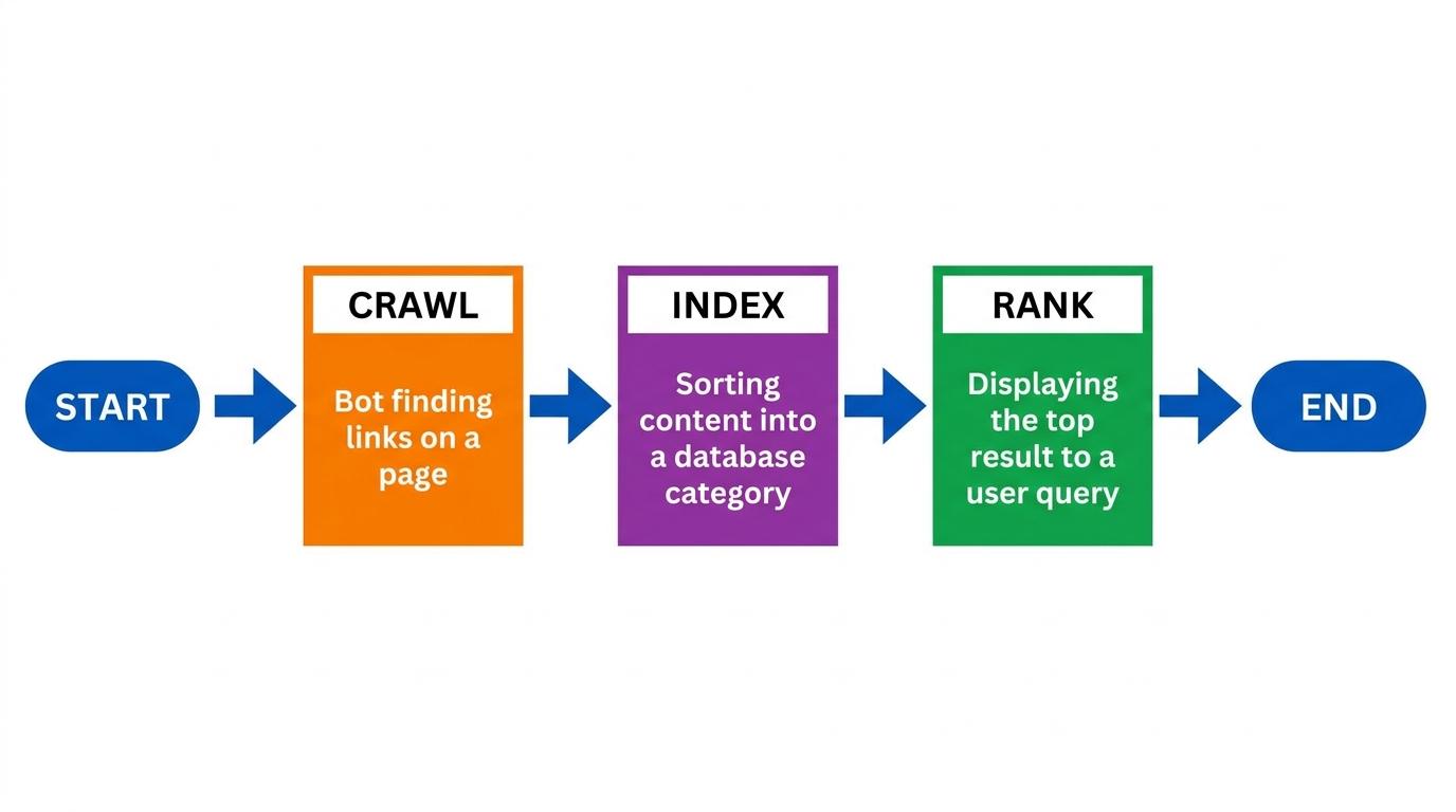 3-step flowchart showing Crawl (bot finding links on a page), Index (sorting content into a database category), and Rank (displaying the top result to a user query)