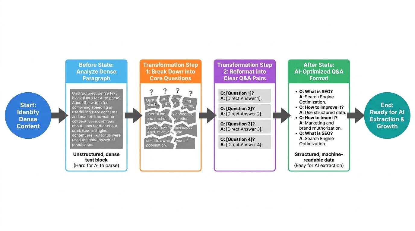 Before and After content structure comparison showing a dense paragraph being converted into a clear Q&A format optimized for AI extraction