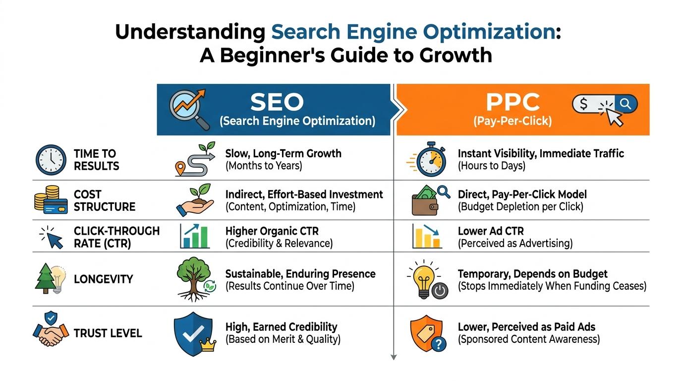 Comparison matrix showing SEO vs PPC across 5 criteria: Time to Results, Cost Structure, Click-Through Rate, Longevity, and Trust Level