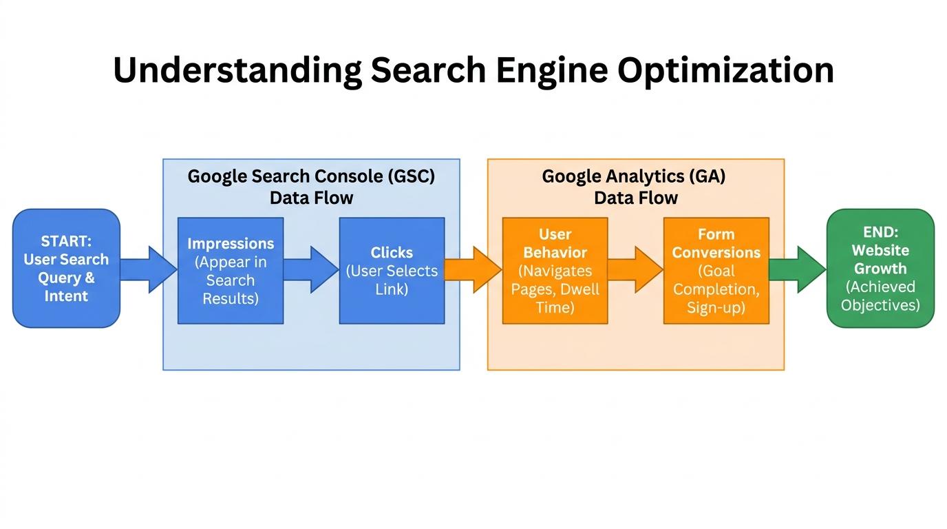 Dashboard wireframe highlighting the flow of data: Google Search Console (Impressions and Clicks in search results) feeding into Google Analytics (User Behavior and Form Conversions on the actual website)