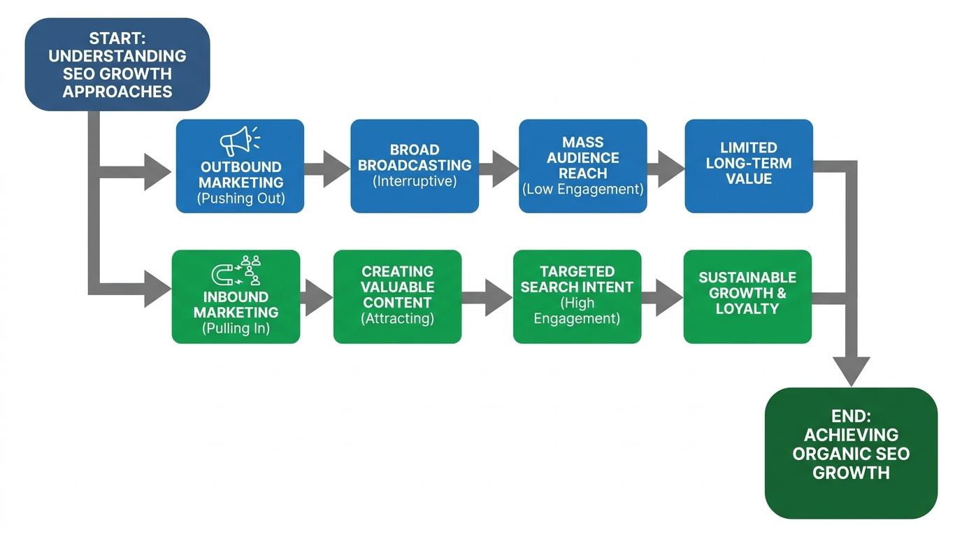 Funnel comparison showing Outbound Marketing as a megaphone pushing out versus Inbound Marketing as a magnet pulling customers in