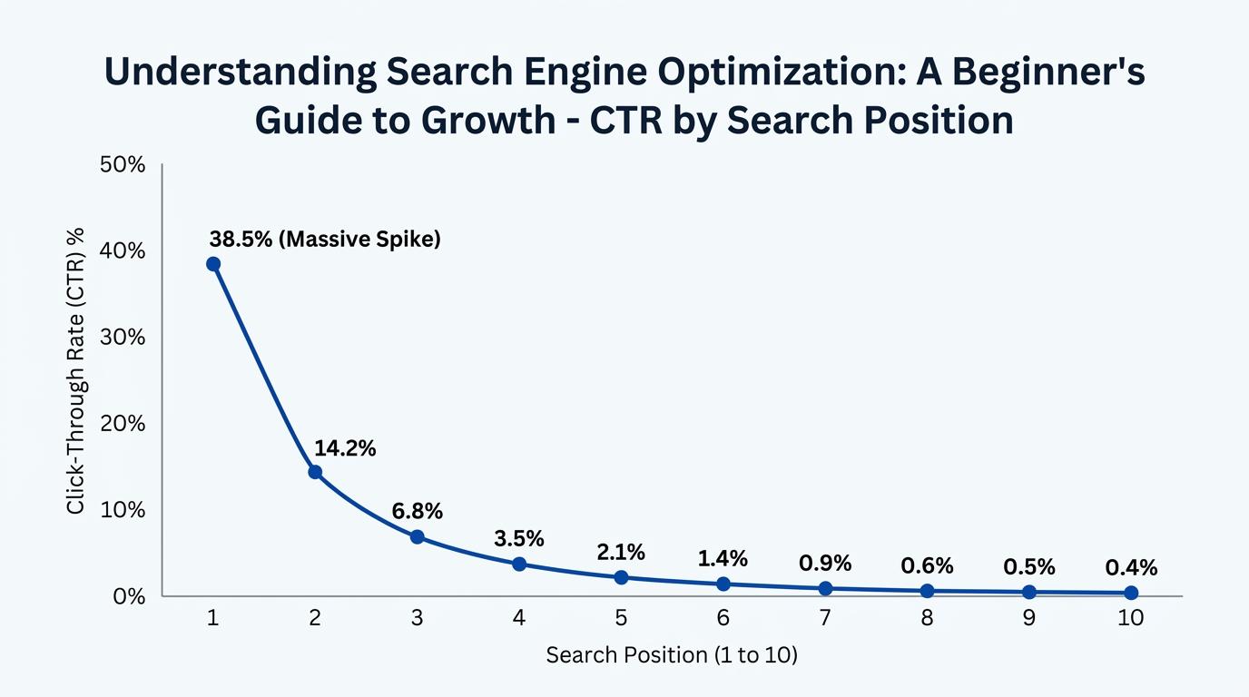 Line graph showing an exponential curve of click-through rates across search positions 1 through 10, highlighting the massive spike at position 1