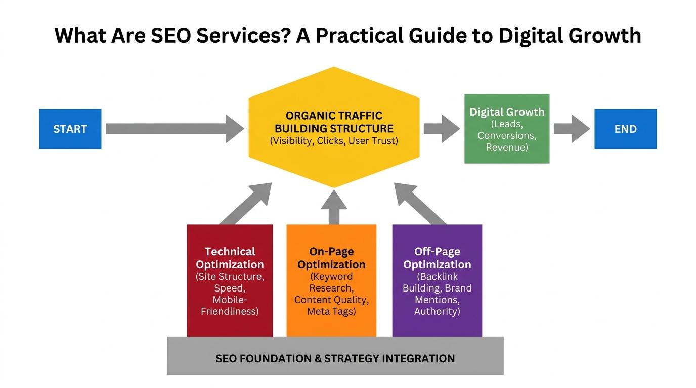 3-pillar foundation showing Technical, On-page, and Off-page optimization supporting a central Organic Traffic building structure