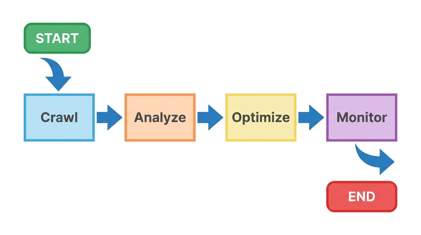 4-step flowchart showing Crawl → Analyze → Optimize → Monitor with arrows connecting each step