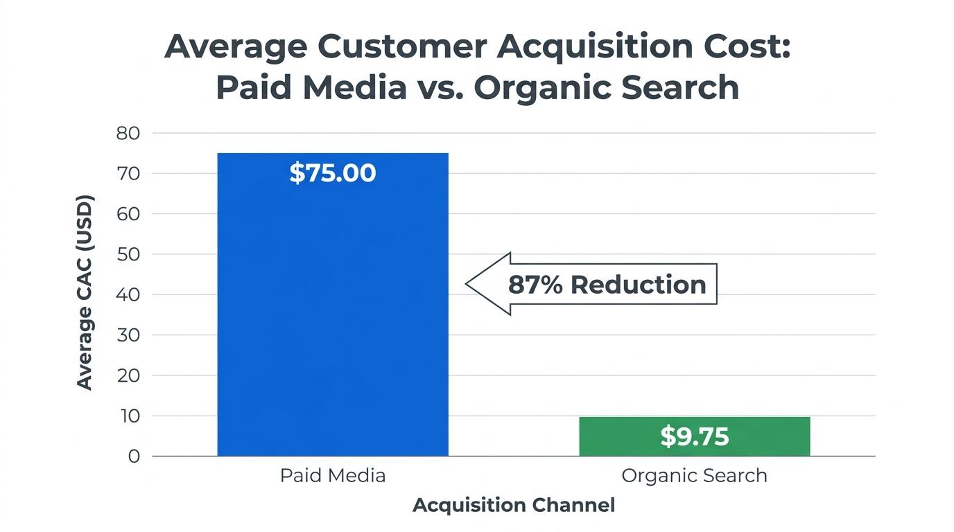 Bar chart comparing average Customer Acquisition Cost of Paid Media versus Organic Search showing an 87 percent reduction