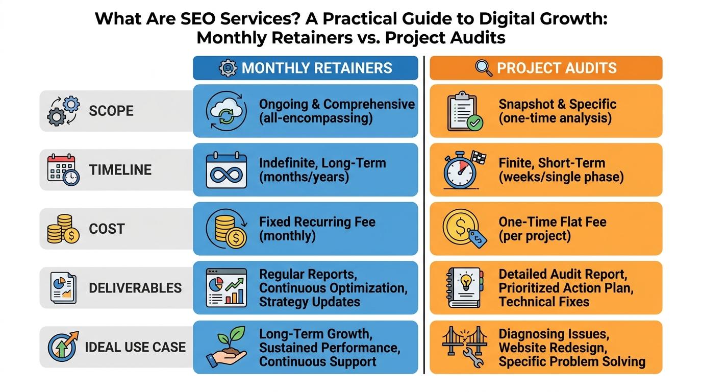 Comparison matrix showing Monthly Retainers vs Project Audits across 5 criteria including Scope, Timeline, Cost, Deliverables, and Ideal Use Case
