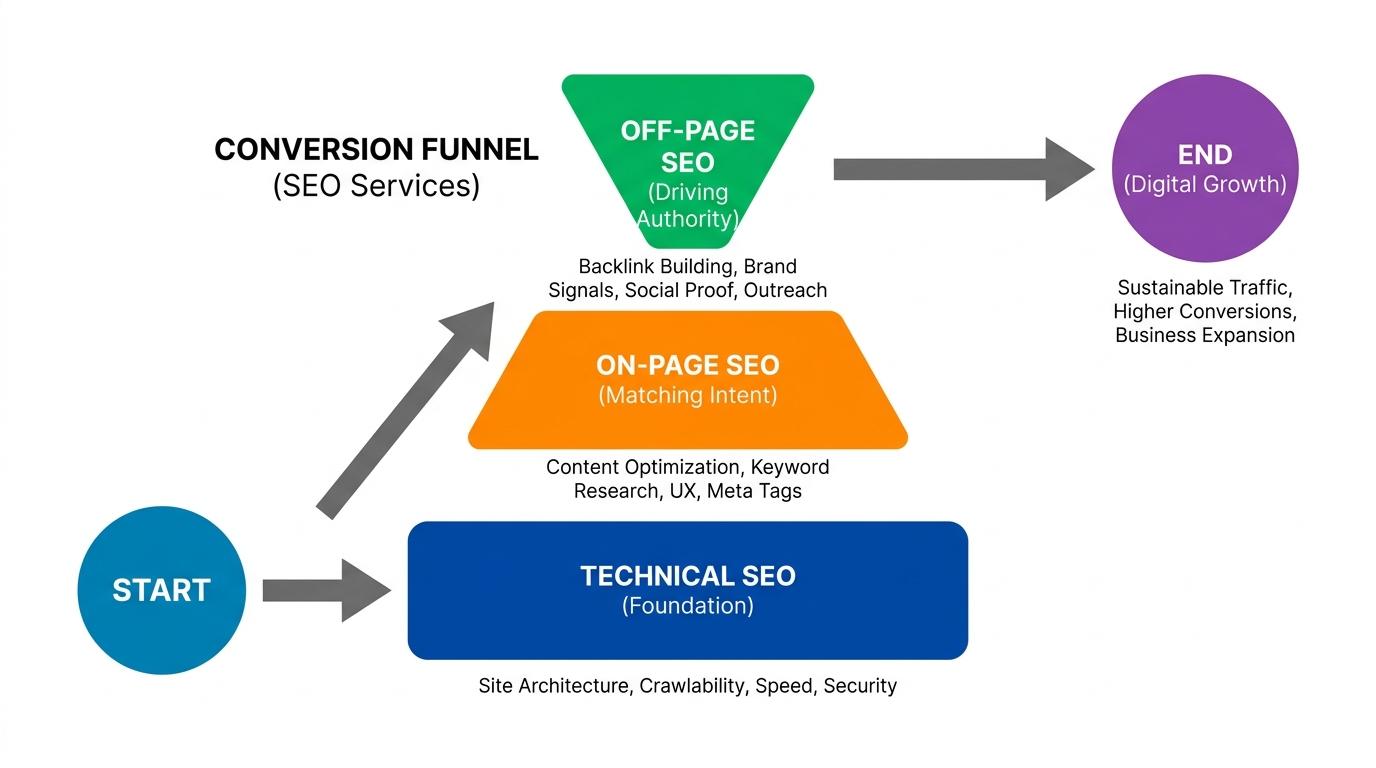 Conversion funnel showing Technical SEO at the bottom as foundation, On-page in the middle matching intent, and Off-page at the top driving authority