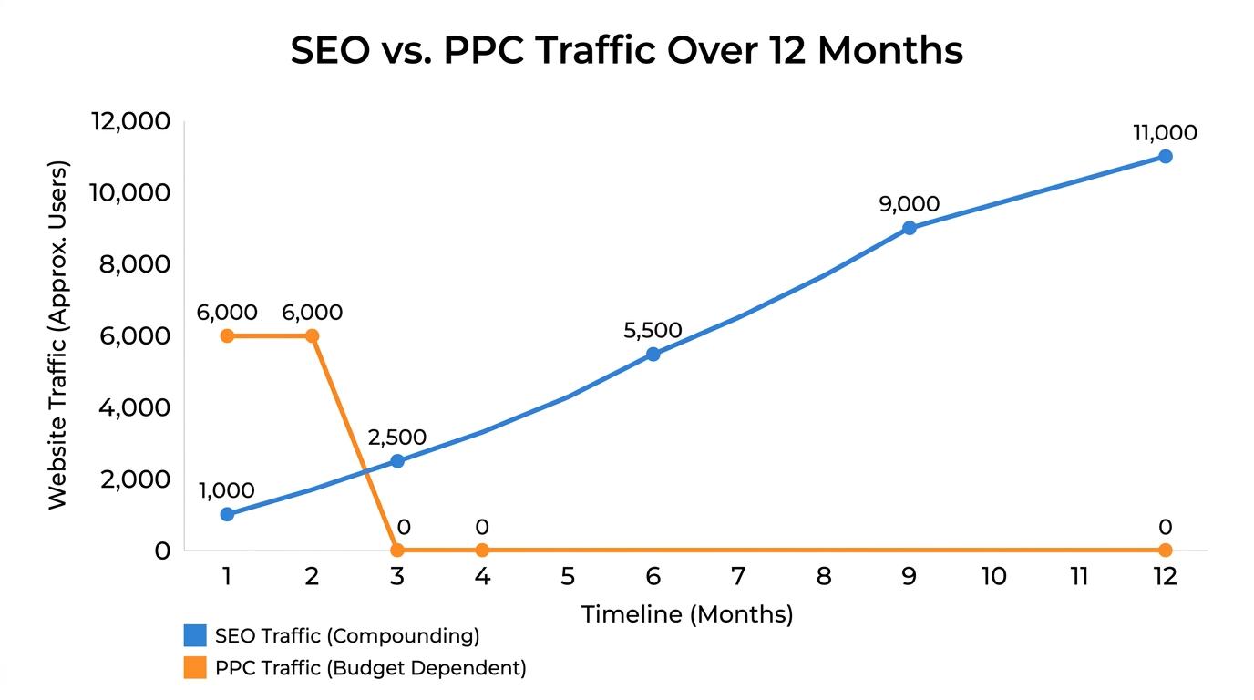 Line graph comparing PPC traffic dropping to zero when budget stops versus SEO traffic compounding steadily over a 12-month timeline