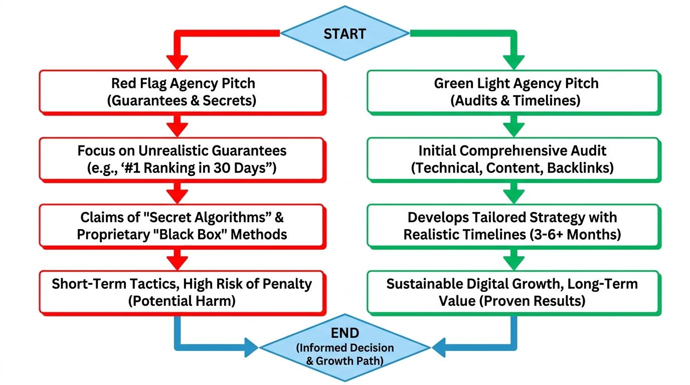 Side-by-side comparison of a Red Flag agency pitch focusing on guarantees and secrets versus a Green Light agency pitch focusing on audits and timelines