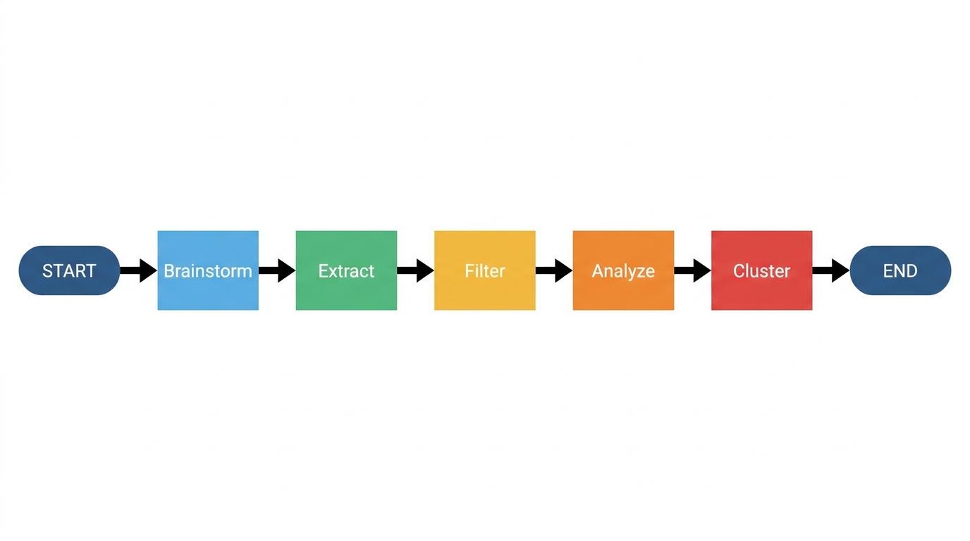 5-step flowchart showing Brainstorm → Extract → Filter → Analyze → Cluster with arrows connecting each phase