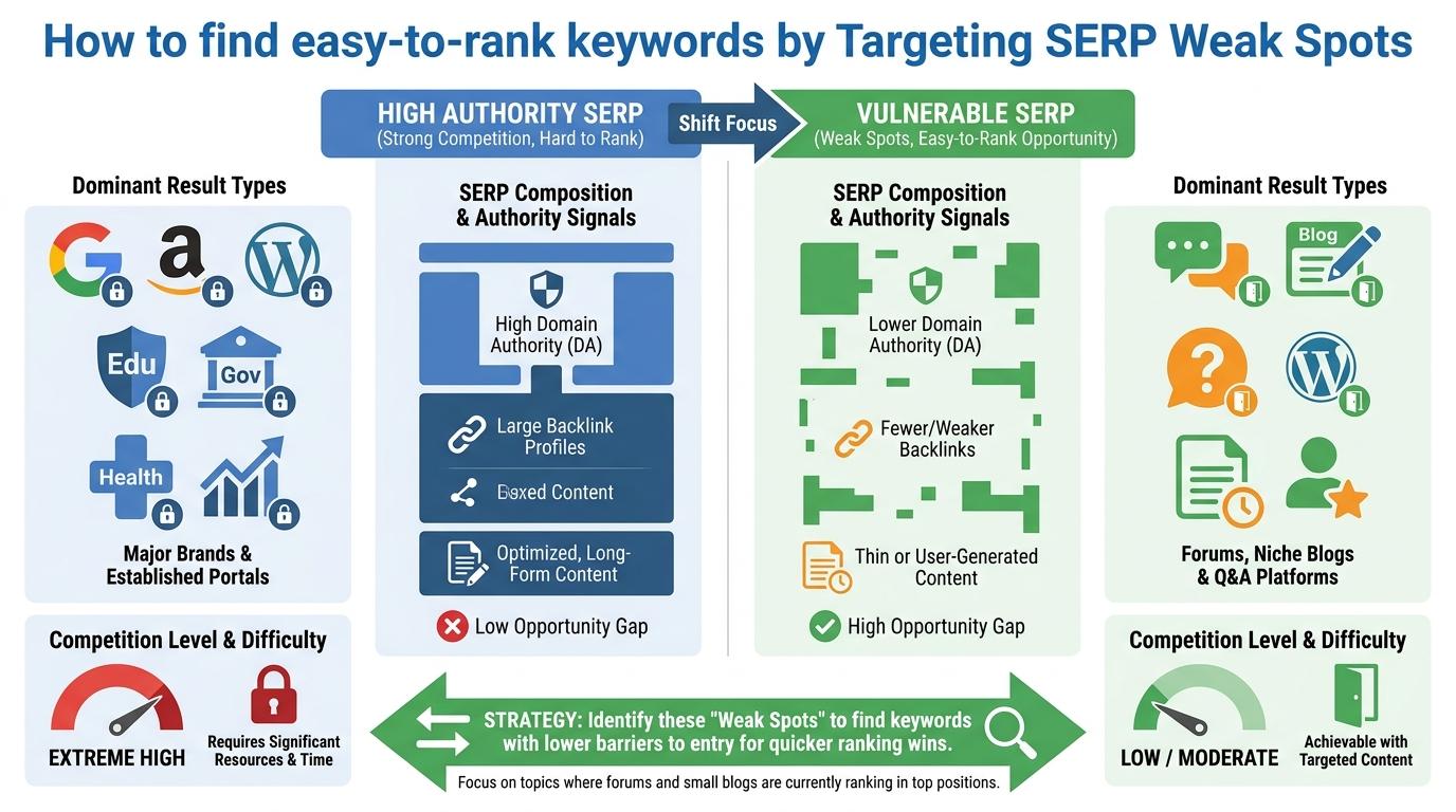 Visual comparison matrix: High Authority SERP (brand favicons) vs Vulnerable SERP (forum and niche blog favicons)