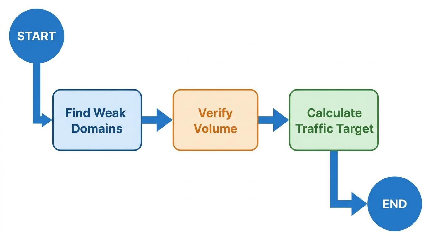 3-step flowchart showing Find Weak Domains → Verify Volume → Calculate Traffic Target