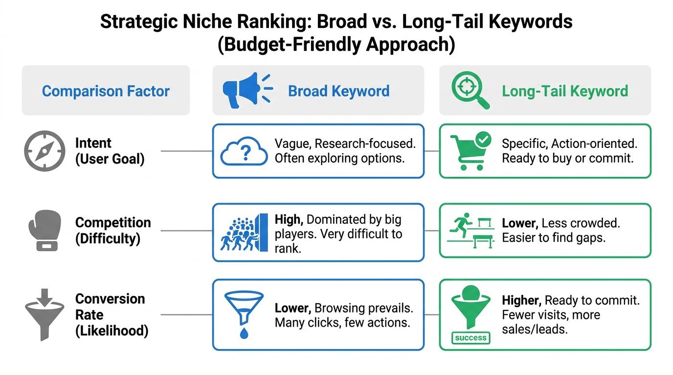 Comparison matrix showing Broad Keyword vs Long-Tail Keyword across Intent, Competition, and Conversion Rate
