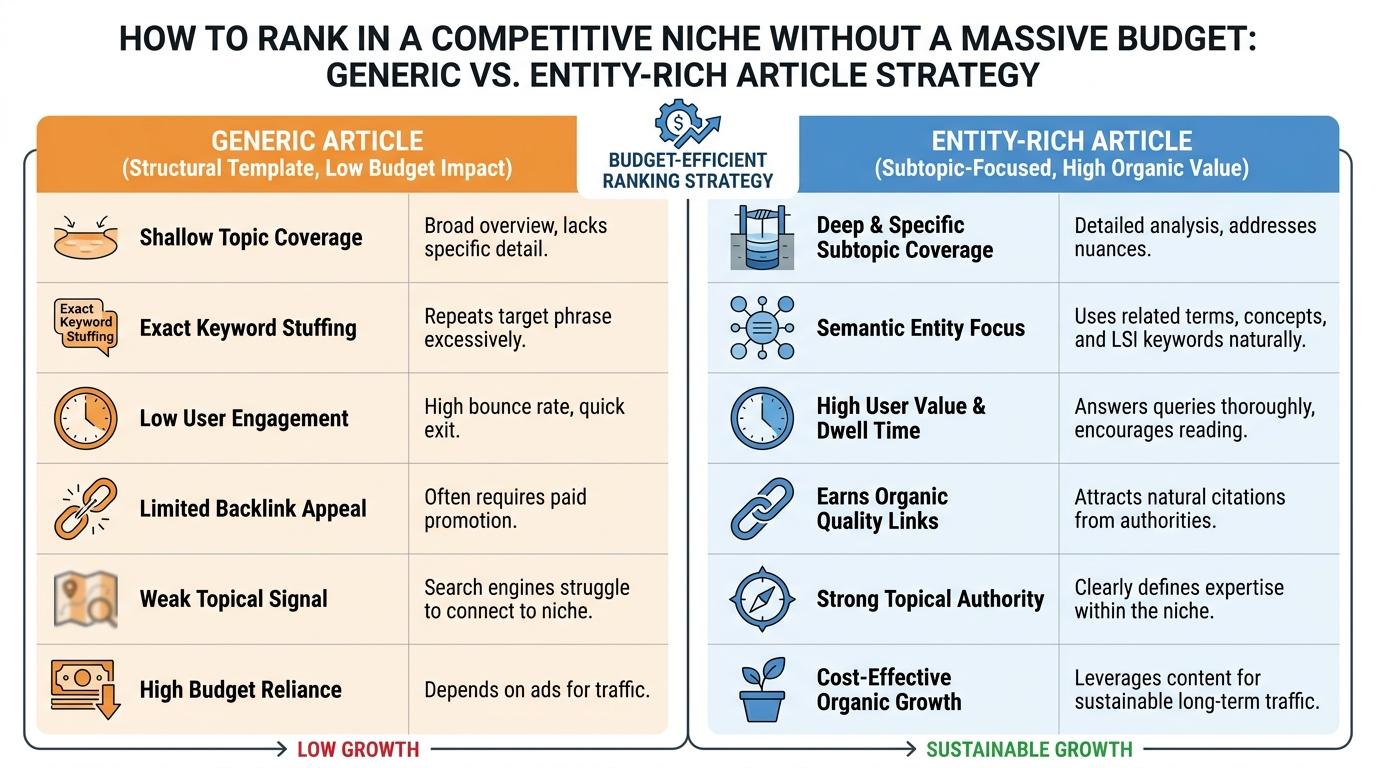 Side-by-side comparison matrix showing a structurally generic article versus an entity-rich article covering specific subtopics