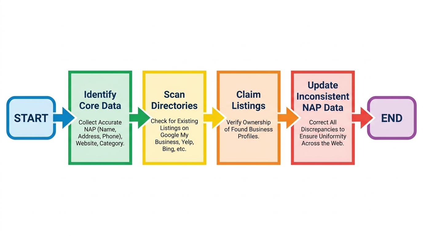 4-step flowchart showing a citation audit process: Identify Core Data -> Scan Directories -> Claim Listings -> Update Inconsistent NAP Data