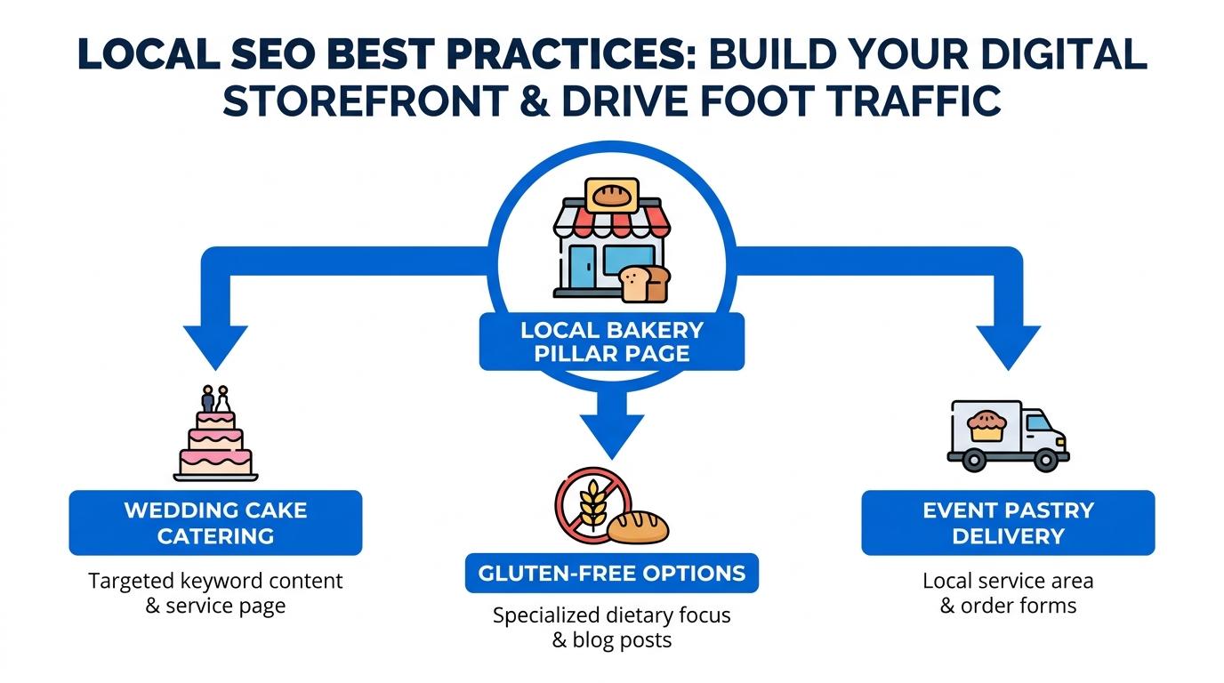 Content clustering map showing a core 'Local Bakery' pillar page linked to sub-topics like 'Wedding Cake Catering', 'Gluten-Free Options', and 'Event Pastry Delivery'