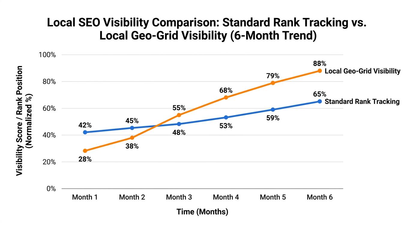 Line graph comparing standard rank tracking data with local geo-grid visibility over a 6-month period
