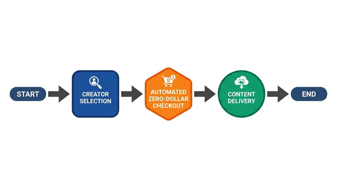 3-step flowchart showing Creator Selection → Automated Zero-Dollar Checkout → Content Delivery with arrows connecting each step