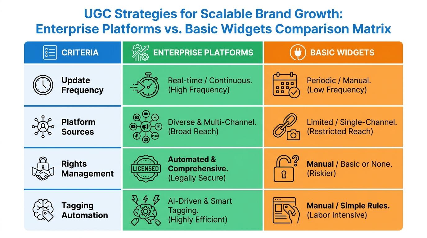 Comparison matrix: Enterprise Platforms vs Basic Widgets across 4 criteria: Update Frequency, Platform Sources, Rights Management, Tagging Automation