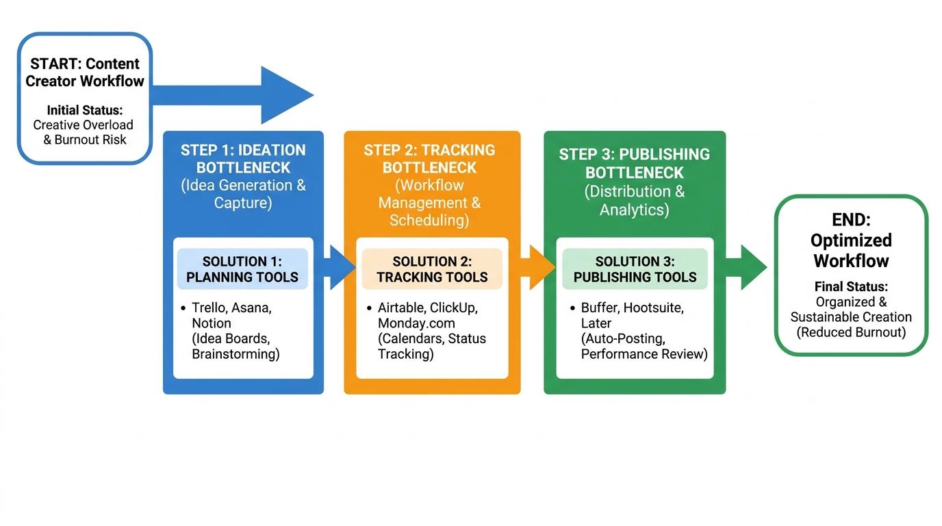 3-part flowchart mapping common bottlenecks (Ideation, Tracking, Publishing) to their respective software solutions