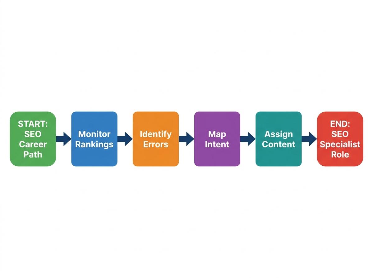 4-step flowchart showing Monitor Rankings → Identify Errors → Map Intent → Assign Content with arrows connecting each step