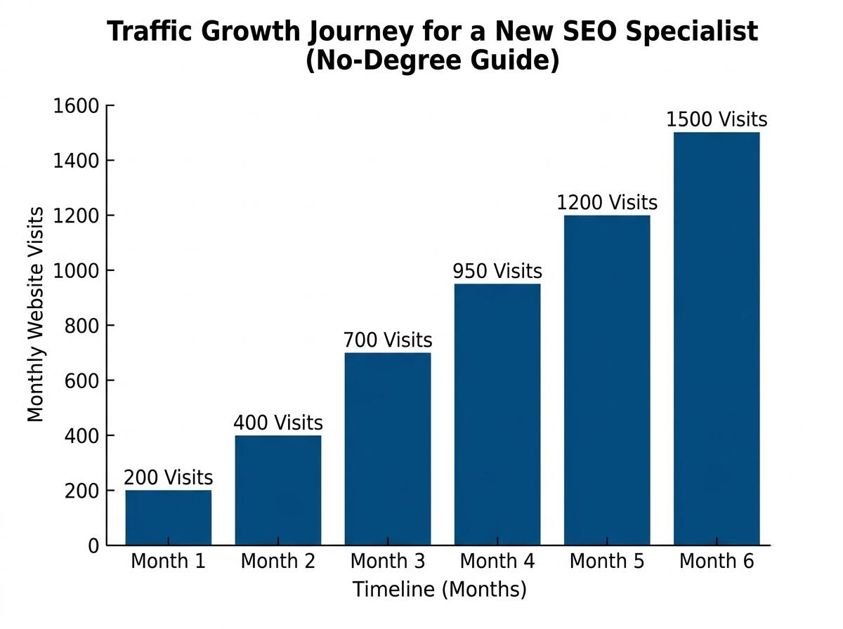 Bar chart comparing traffic growth over 6 months: Month 1 at 200 visits up to Month 6 at 1500 visits