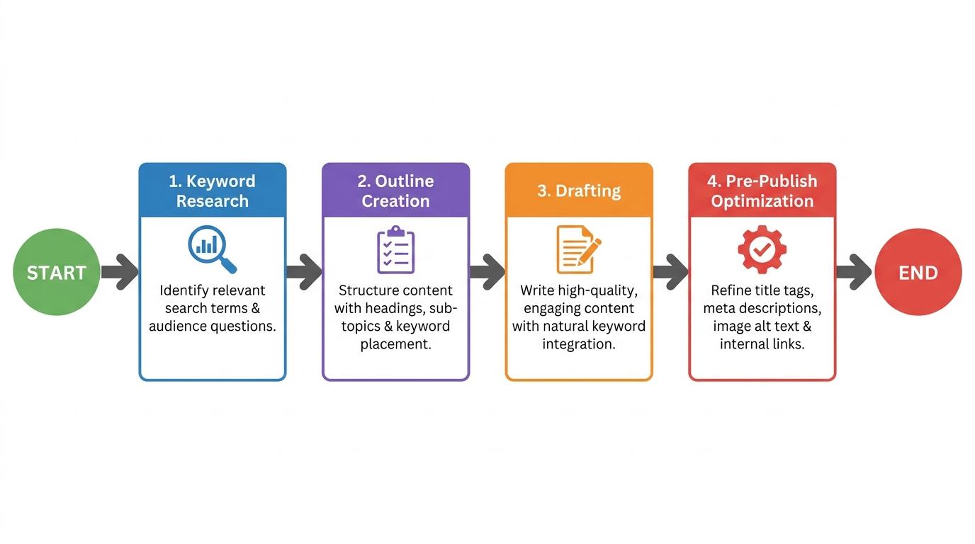 4-step flowchart showing Keyword Research -> Outline Creation -> Drafting -> Pre-Publish Optimization with arrows connecting each step