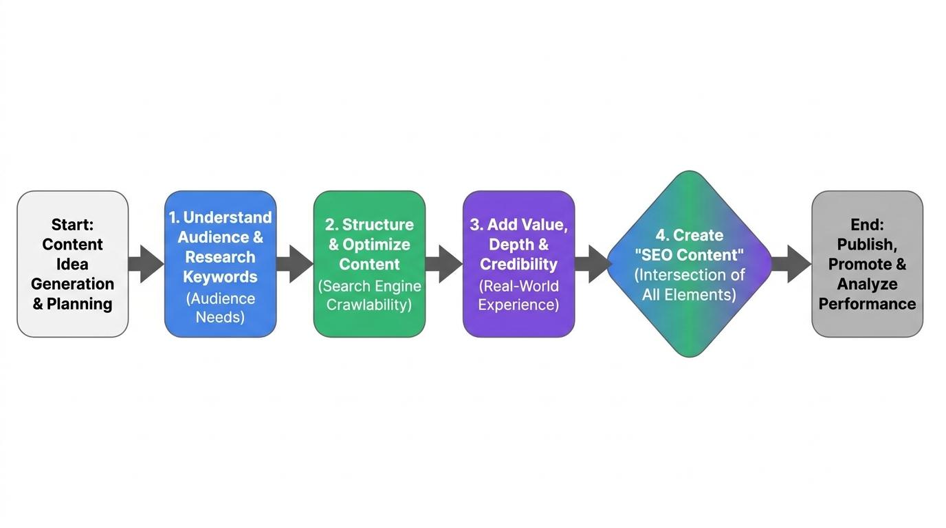 Venn diagram showing 'Audience Needs', 'Search Engine Crawlability', and 'Real-World Experience' intersecting to form 'SEO Content'