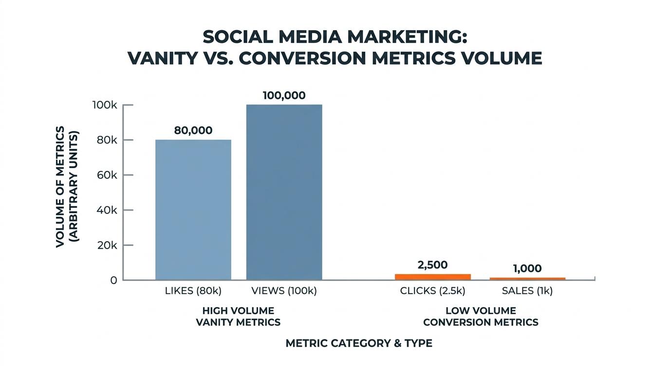 Bar graph comparing high volume of vanity metrics (likes/views) against low but valuable conversion metrics (clicks/sales)