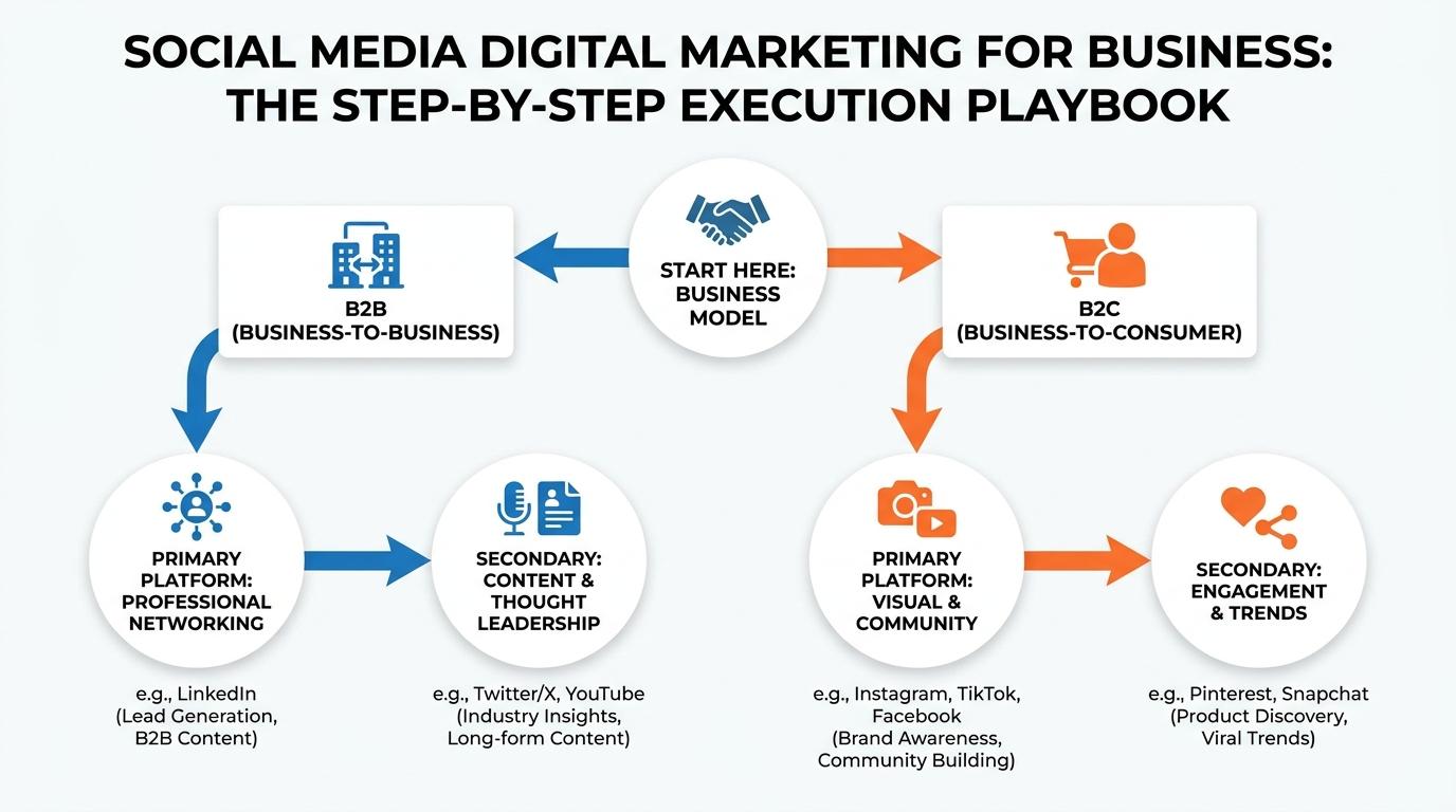 Decision matrix flowchart showing B2B vs B2C paths leading to recommended primary and secondary platform choices