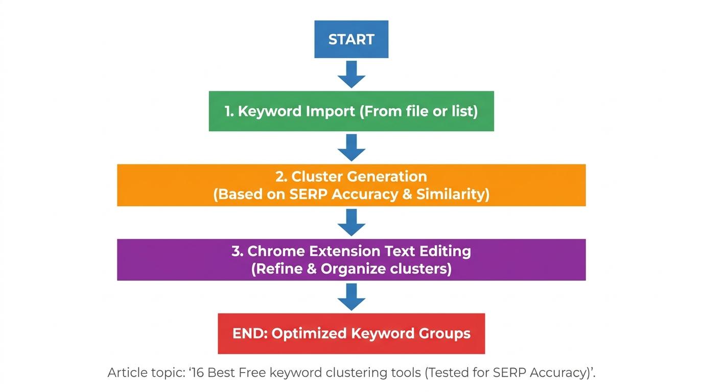 3-step flowchart showing Keyword Import → Cluster Generation → Chrome Extension Text Editing