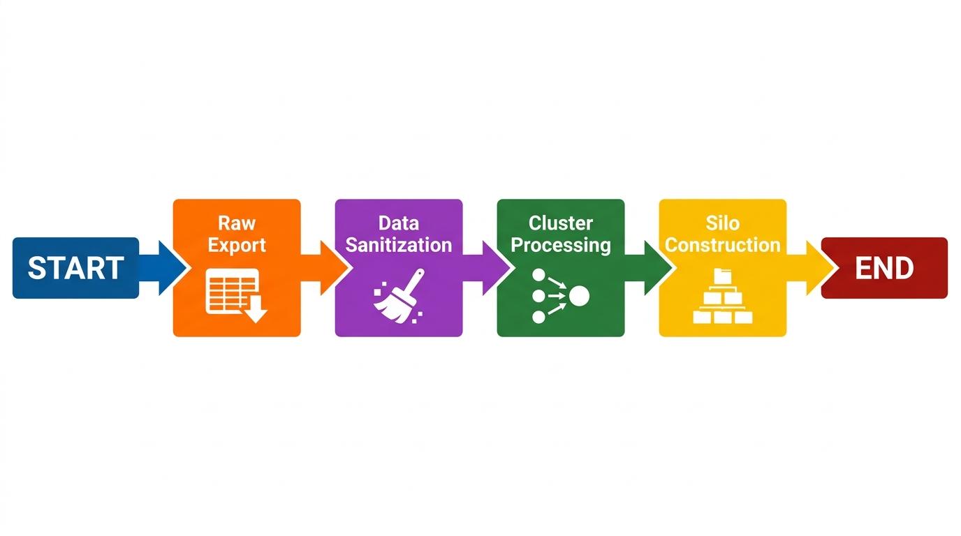4-step flowchart showing Raw Export → Data Sanitization → Cluster Processing → Silo Construction with arrows connecting each step