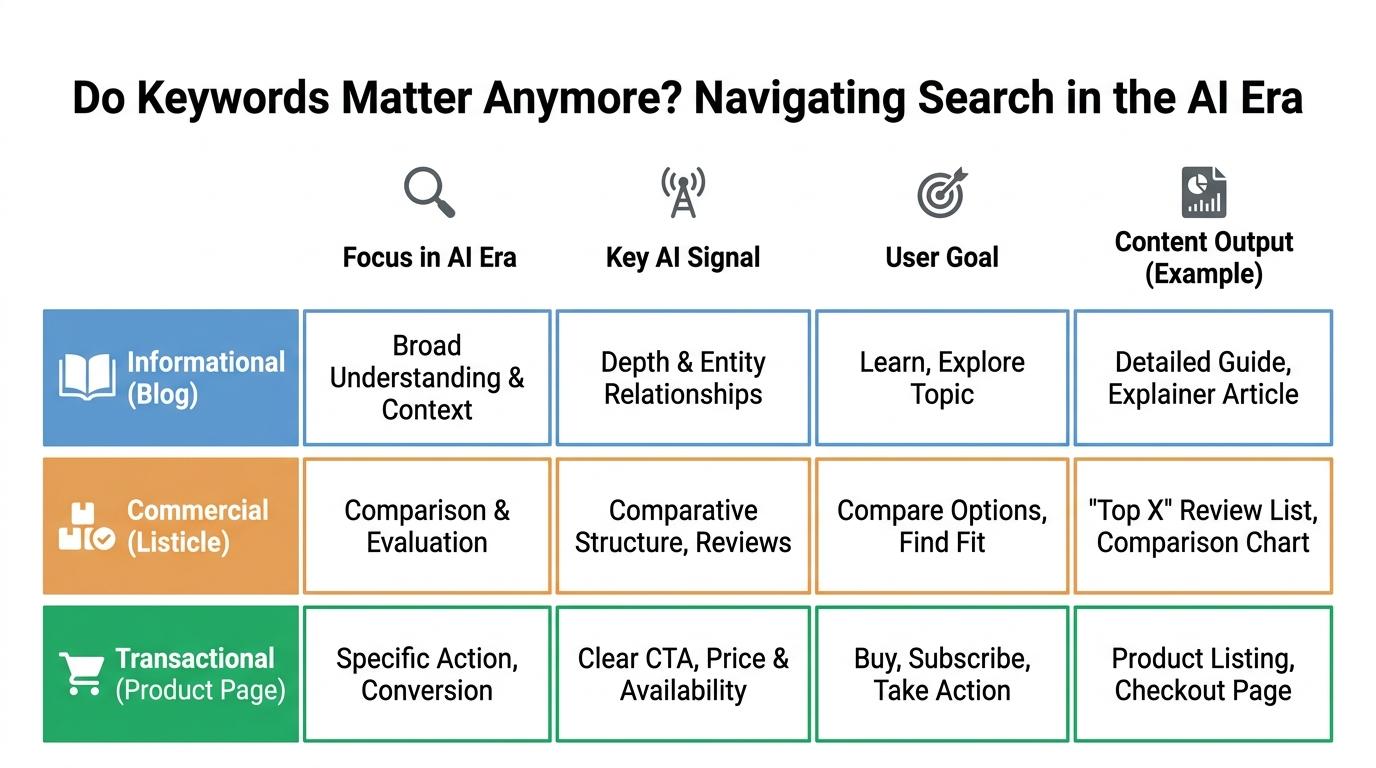 Comparison matrix showing Informational (Blog), Commercial (Listicle), and Transactional (Product Page) intent mappings across 4 criteria
