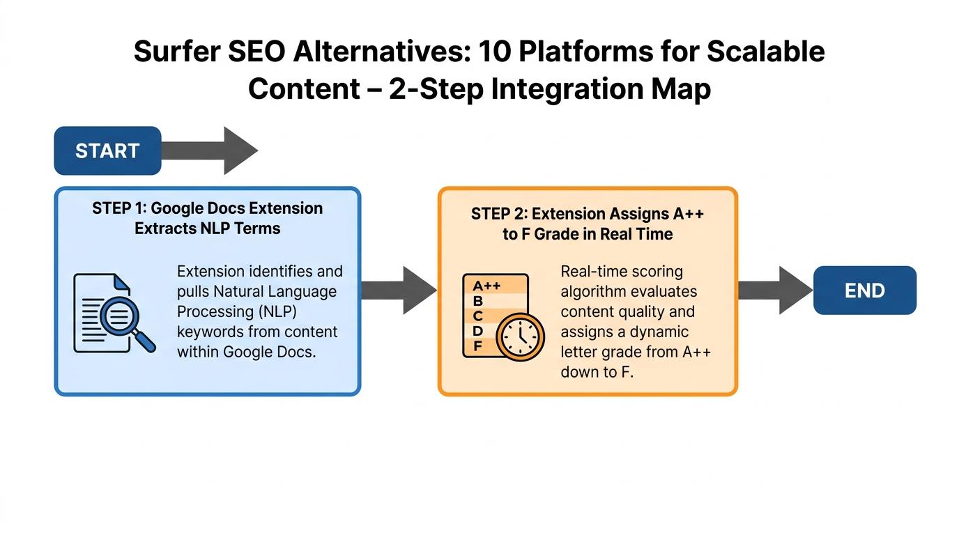 2-step integration map showing Google Docs extension extracting NLP terms and assigning an A++ to F grade in real time