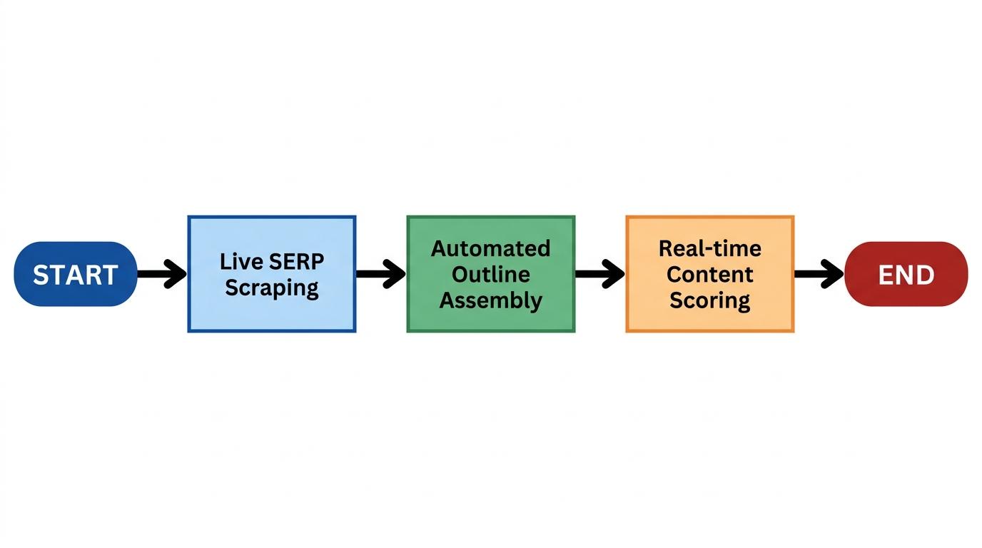 3-step flowchart showing Live SERP Scraping → Automated Outline Assembly → Real-time Content Scoring
