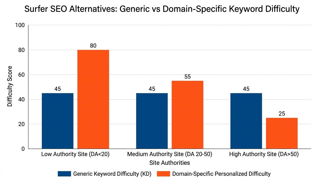 Bar chart comparing Generic Keyword Difficulty vs Domain-Specific Personalized Difficulty across three different site authorities