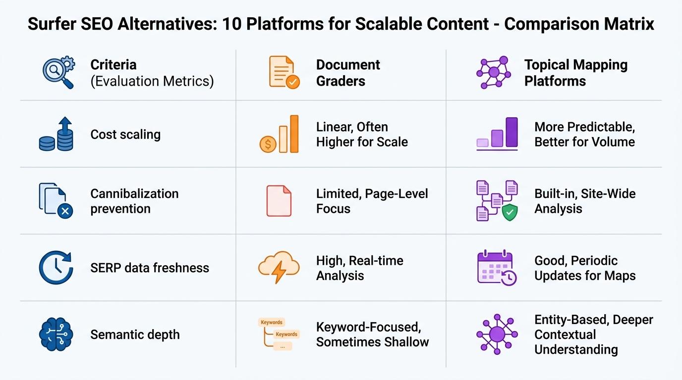 Comparison matrix showing Document Graders vs Topical Mapping Platforms across 4 criteria: Cost scaling, Cannibalization prevention, SERP data freshness, and Semantic depth