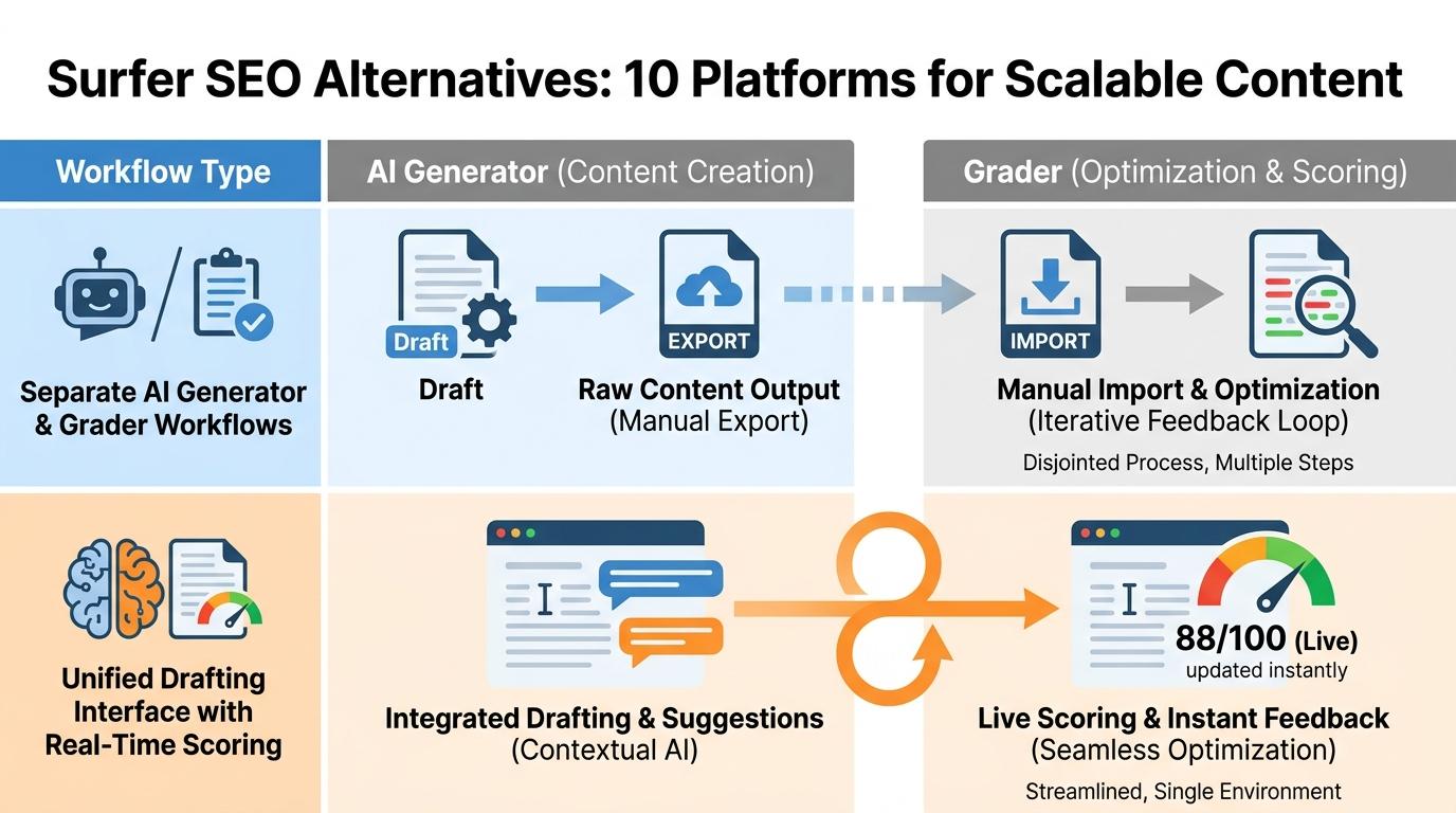Comparison matrix showing separate AI Generator and Grader workflows versus a Unified Drafting Interface with Real-Time Scoring