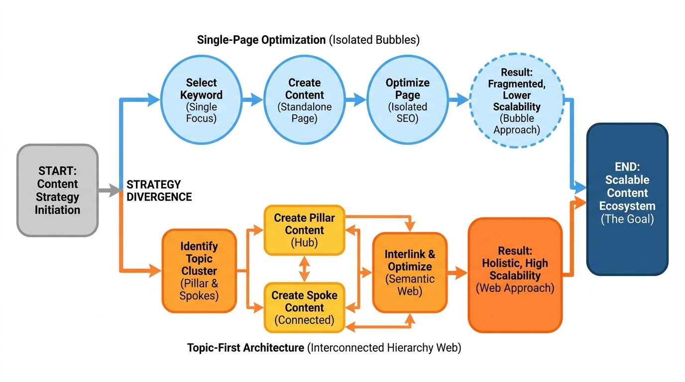 Flowchart contrasting Single-Page Optimization (isolated bubbles) versus Topic-First Architecture (interconnected hierarchy web)
