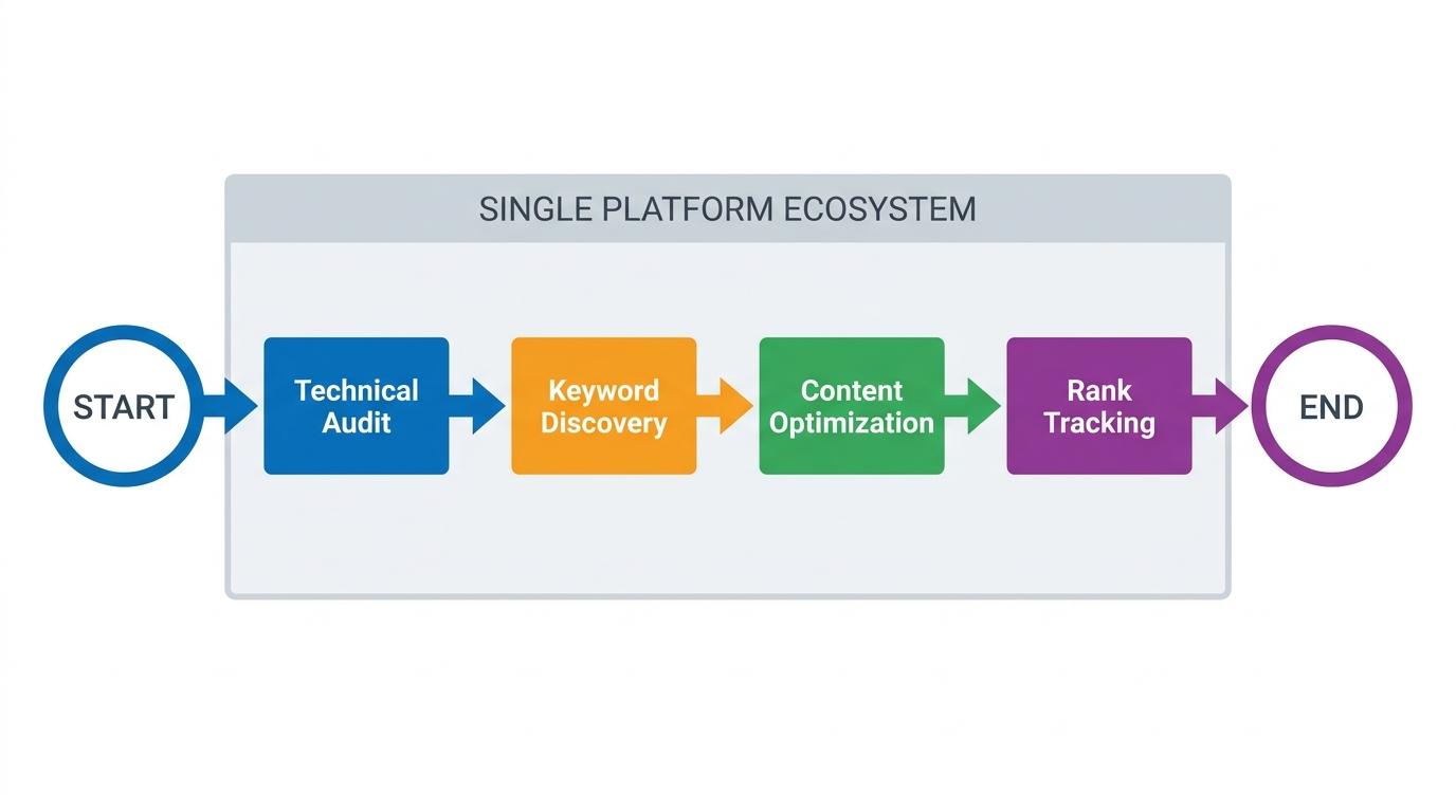 Workflow flowchart showing Technical Audit → Keyword Discovery → Content Optimization → Rank Tracking within a single platform ecosystem