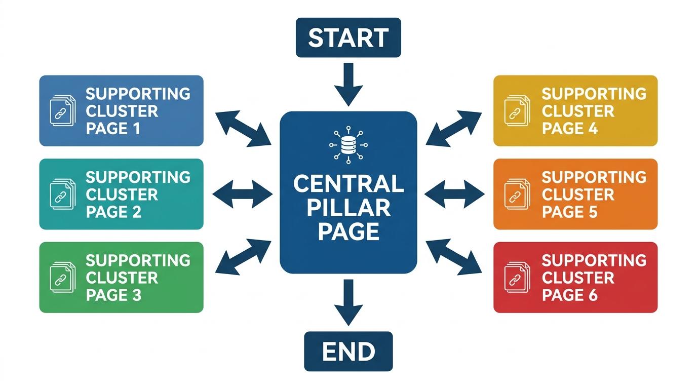 Hierarchical taxonomy tree showing a central pillar page connected to 6 supporting cluster pages via bidirectional internal links
