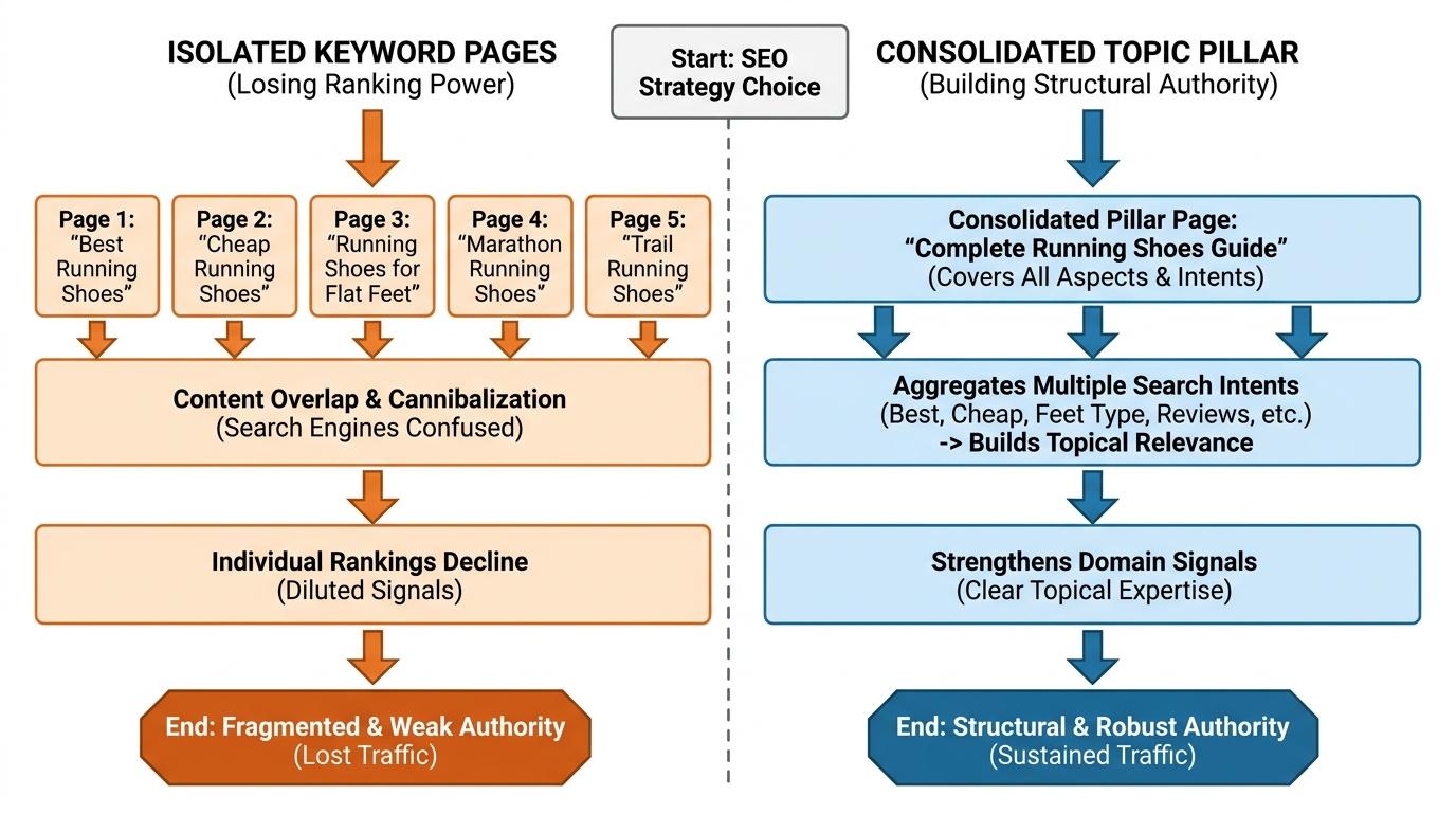 Side-by-side flowchart comparing 5 isolated keyword pages losing ranking power versus 1 consolidated topic pillar aggregating multiple search intents